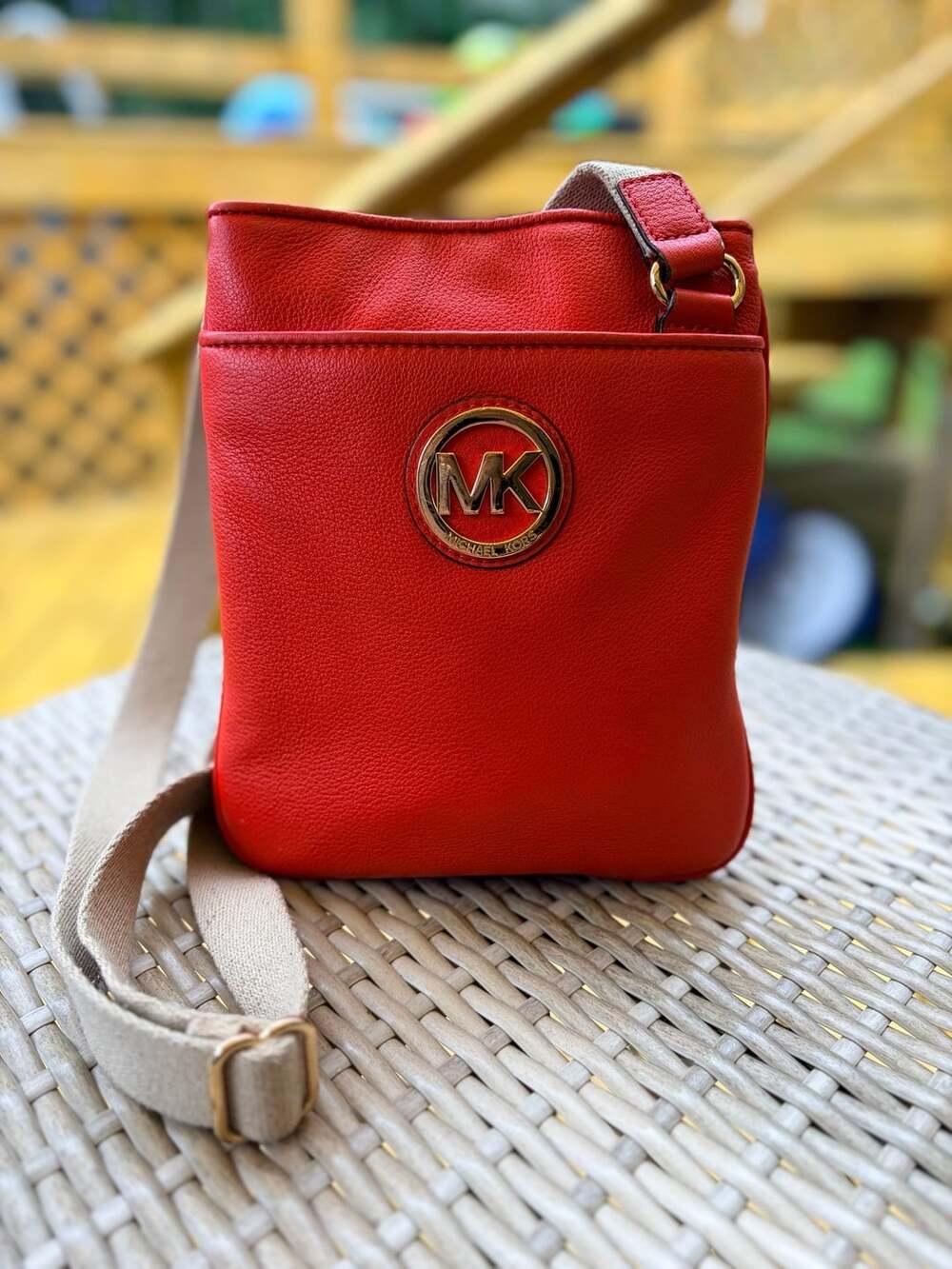 Michael Kors Red Leather Crossbody Purse Snap Closure Canvas Strap